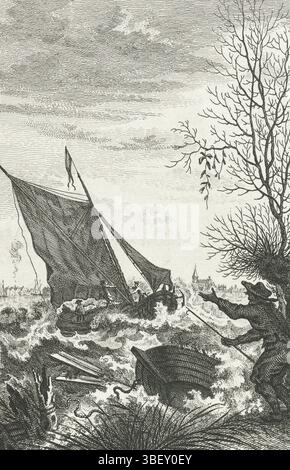 Amsterdam, Houttuyn, Frans, Fokke, Simon, Amsterdam, Illustrations of Dutch history, Onwoone Waterbeweging in het Haarlemmer-Meer, op den 1 novembre 1755, Woelig water in het Haarlemmermeer, 1755, verso - timbrato, presentazione dalla storia olandese. Acqua turbolenta insolita, durante il tempo calmo, nell'Haarlemmermeer il 1° novembre 1755. Sulle barche d'acqua in pericolo, sulla riva un uomo guarda., stampa, altezza 165 mm, larghezza 105 mm, Noord-Nederlands, 1712-09-01 - 1784-04-10, stampatore, 1755 - 1757, carta, incisione, Work Conception, after own design of, Publication (evento), Publication, Dutch, Publish Foto Stock