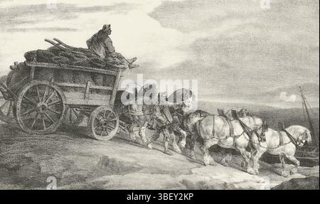 Londra, Rodwell & Martin, Londra, Hullmandel, Charles, Géricault, Théodore, vari soggetti tratti dalla vita, diversi soggetti tratti dalla vita, il Waggon del carbone, il Carro del carbone, verso in basso a sinistra - timbrato, Un'auto carica di sacchi di carbone disegnati da cinque cavalli., stampa, vero al centro sotto - timbrato, subito sotto - timbrato, RR A, altezza 195 mm, larghezza 310 mm, altezza 357 mm, larghezza 534 mm, francese, 1791-09-26 - 1824-01-26, stampatrice, 1821 - 1821-02-01, primo quarto del xix secolo, carta, litografia (tecnica), 1789-06-15, 1890-6, primo trimestre, 1789-06-1850-11, 1890-06, pubblicazione Foto Stock