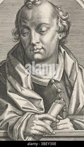 Anversa, Galle, Theodoor, Straet, Jan van der, Anversa, Cornelis (i), Icones Prophetarum Veteris Testamenti, Nahum, Anversa, De Prophet Nahum met boekrol in zijnhand, in oval met latin brimschrift., stampa, immagini, altezza 180 mm, larghezza 137 mm, Zuid-Nederlands, 1576 - 1650-03-29, stampatore, 1613 - 1613, carta, incisione, incisione (processo di stampa), 1523 - 1605-11-02, dragatore intermedio, furgone per tekening naal, pubblicazione, 1571 - 1633, editore Foto Stock