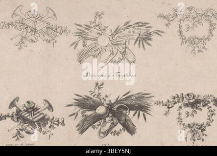 Gradmann, Johann, Schleich, Johann Carl, Principes de Trophées, trofei con strumenti musicali e rose, timbrati verso, tre trofei e disegni a linee. A sinistra con trombe, un flauto e rose. Al centro con attributi appartenenti all'agricoltura come le orecchie di mais e una falce. Proprio con le rose. Editore numero 35., stampa, stampa ornamentale, stampe, stampe ornamentali, altezza 198 mm, larghezza 311 mm, tedesco, 1759 - 1842, macchina per stampa, 1769 - 1842, carta, incisione, venditore" Foto Stock