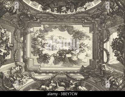 Amsterdam, Marot, Daniel (i), Paesi Bassi, Plafonds, soffitto trompe-l'oeil con performance mitologiche, Amsterdam, soffitto con pezzo centrale rettangolare con una performance mitologica supportata da termini. I lati lunghi sostenuti da due archi. Negli angoli è possibile vedere le console con una maschera e un vaso. Da serie di 6 (eventualmente 12) fogli, stampa, stampe ornamentali, stampe, altezza 191 mm, larghezza 267 mm, 1663 - 1752-06-04, stampatore, 1712 - 1712, primo quarto del XVIII secolo, carta, incisione, concetto di lavoro, dopo il proprio progetto, pubblicazione (evento), pubblicazione, editore Foto Stock