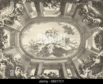 Amsterdam, Marot, Daniel (i), Paesi Bassi, Plafonds, soffitto trompe-l'oeil con performance mitologica, Amsterdam, il soffitto è sostenuto da colonne, pilastri e una lista di corona dell'ordine corinzio. I medaglioni sono presenti negli angoli, visti dal basso. Da serie di 6 (eventualmente 12) fogli, stampa, stampe ornamentali, stampe, altezza 190 mm, larghezza 266 mm, 1663 - 1752-06-04, stampatore, 1712 - 1712, primo quarto del XVIII secolo, carta, incisione, concetto di lavoro, dopo il proprio progetto, pubblicazione (evento), pubblicazione, editore Foto Stock