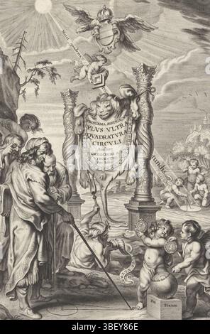 Ferdinando III (imperatore tedesco), Anversa, Meurs, Jacobus van, Johannes van, Diepenbeeck, Abraham van, Galle, Cornelis (II), Homepage per: Gregory à Sancto Vincentio, problema Austriacum Plus ultra quadratura circumi, 1647, matematico e putti, Anversa, verso - timbrato, tra due colonne la pelle di un leone è tesa con il titolo del libro. Un uomo disegna un cerchio con un bastone e un triangolo nella sabbia. Due uomini dietro di lui lo stanno guardando. A destra due putti con medaglie, dietro tre putti disegnano un cerchio con bussola., stampa, frontespizio, stampe, Bibliotheqe royale de Belgique, Foto Stock