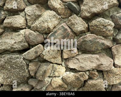 Primo piano di un muro fatto di grandi ciottoli. Sfondo in pietra Foto Stock