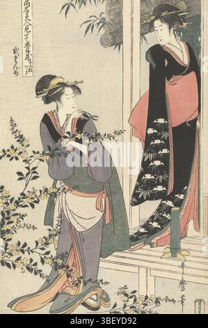 Giappone, Omiya Gonkuro, Giappone, Utamaro, Kitagawa, Komei ate mitate Chusingura, parodie at the Chusingura di famose bellezze., Nidarne, due donne in un arbusto yamabuki in fiore: il secondo atto., donna vestita da domestica da tè, in piedi con le forbici in mano a un arbusto yamabuki in fiore, guardando la donna in kimono nero e obi rosso, in piedi sul portico, accanto al vaso di fiori; bambù nello sfondo, 386 mm di larghezza, collezione, altezza 262. giapponese, 1753 - 1806, incisore, 1795 - 1800, quarto trimestre XVIII secolo, carta, xilografia a colori, pubblicazione (evento), pubblicazione, editore, Foto Stock