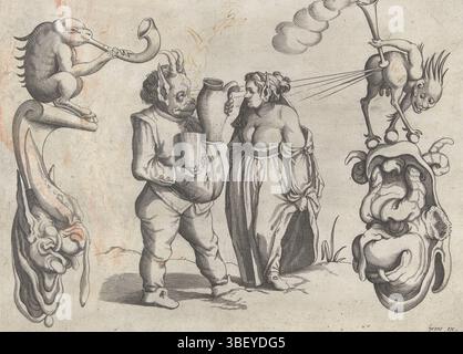 Parigi, Firens, Pierre, Bolten, Arent van, serie di figure Groteske, figure grottesche circondate da una linea di cornice, mostro donna e maschio con lattina e tazza, Parigi, al centro si trovano una donna e un mostro maschile con una lattina e una tazza. Da entrambi i lati ci sono mostri sulle maschere. N. 1 di serie di 7 fogli, stampa, stampe ornamentali, stampe, altezza 145 mm, larghezza 200 mm, stampatore, 1604 - 1616, primo trimestre XVII secolo, carta, incisione, incisione (processo di stampa), concetto di lavoro, Noord-Nederlands, 1573 - 1633, dopo la progettazione, pubblicazione (evento), pubblicazione, Zuid-Nederlands, Frans, 1580 - Foto Stock