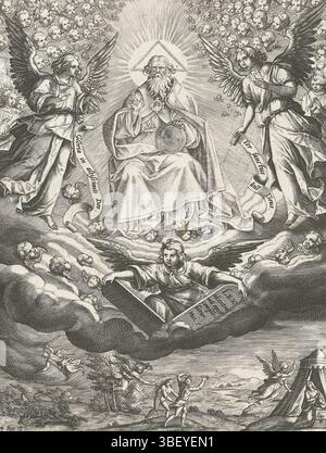 Anversa, Sadeler, Anversa, Vos, Maerten de, Collaert, Jan (II), coro angelico, Dio padre con il coro angelico più alto, verso middle - timbrato, Dio padre tra le nuvole. Intorno a lui tre gruppi di angeli: seraphim, cherubini e troni. Sotto Dio un angelo tiene le due tavole di pietra con la legge di Mosè. Tra le nuvole le gesta di questi angeli sulla terra: Nel mezzo l'espulsione dal Paradiso, lasciò la distruzione del campo militare degli Assiri e a destra l'Annunciazione. La stampa ha una didascalia latina e fa parte di una serie sui vari cori angelici., stampa, larghezza 15 Foto Stock