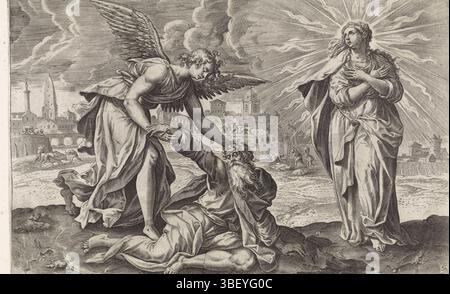 Anversa, Jode, Gerard de, Vos, Maerten de, Thesaurus sacrarum historium veteris testamenti, Visions of Ezra, Second Vision of Ezra: Ezra confortato dall'angelo, Anversa, verso - timbrato, l'angelo Uriel conforta Ezra e lo aiuta ad alzarsi. Accanto alla visione di Ezra della donna radiosa Sion. Mentre scompare, Ezra vede la città in costruzione sullo sfondo. Sotto la rappresentazione un riferimento in latino al testo apocrifo della Bibbia in 4 Ezra 10., stampa, altezza 205 mm, larghezza 294 mm, concezione del lavoro, olandese meridionale, 1532 - 1603-12-04, su disegno, 1585 - 1585, carta, incisione, incisione (stampa proc Foto Stock