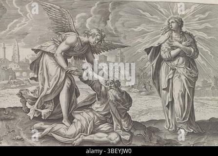 Amsterdam, Visscher, Claes Jansz. (II), Vos, Maerten de, Theatrum Biblicum hoc Est Historiae Sacrae Veteris et Novi Testamenti tabulis Aeneis Expressae, visioni di Esdra, seconda visione di Esdra: Ezra confortata dall'angelo, Amsterdam, l'angelo Uriel conforta Ezra e lo aiuta ad alzarsi. Accanto alla visione di Ezra della donna radiosa Sion. Mentre scompare, Ezra vede la città in costruzione sullo sfondo. Sotto la rappresentazione un riferimento in latino al testo apocrifo della Bibbia in 4 Ezra 10:25. Questa stampa fa parte di un album., stampa, foglio di albumina, stampe, altezza 204 mm, larghezza 295 mm, concezione del lavoro, Zui Foto Stock