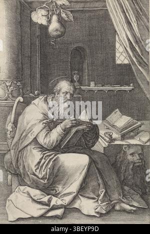 Leyden, Lucas van, Noord-Nederland, Passe, Crispijn van de (i), quattro evangelisti, Evangelista Marcus, verso sopra - scritto a mano in inchiostro marrone, l'evangelista Marcus nella sua stanza di studio. Sotto la scrivania si trova il suo attributo il leone., stampa, verso - stampigliato, altezza 208 mm, larghezza 138 mm, 1564 - 1637, stampatore, 1574 - 1637, carta, incisione, incisione (processo di stampa), Work Concept, Paesi Bassi settentrionali, 1494-06 - 1533-08 Foto Stock