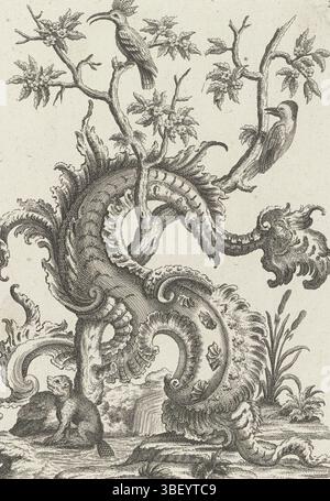 Sconosciuto, Augusta, Engelbrecht, Martin, Baur, Johann, Rocailles con gli animali, paesaggio con castoro e uccelli, sconosciuto, stampato verso, Un castoro siede con la coda in acqua. La rocaille è intrecciata con un albero. Nell'albero due uccelli, tra cui forse un picchio. In alto a destra 328 numerati., stampa, stampe ornamentali, stampe, altezza 205 mm, larghezza 155 mm, stampatore, 1719 - 1749, carta, incisione, tedesco, 1701 - 1800, redattore intermedio, per disegno, pubblicazione (evento), pubblicazione, 1684-09-16 - 1756-018, editore, fornitore di privilegi Foto Stock