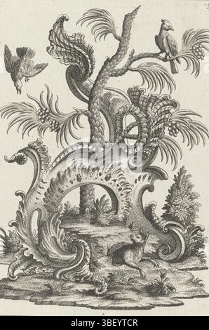 Sconosciuto, Augusta, Engelbrecht, Martin, Baur, Johann, Rocailles con gli animali, paesaggio con una volpe e uccelli, sconosciuto, verso - timbrato, la volpe esce dalla sua tana. La rocaille è intrecciata con una palma. Dentro e intorno all'albero due uccelli. In alto a destra 327 numerati., stampa, stampe ornamentali, stampe, altezza 206 mm, larghezza 155 mm, stampatore, 1719 - 1749, carta, incisione, tedesco, 1701 - 1800, redattore intermedio, per disegno, pubblicazione (evento), pubblicazione, 1684-09-16 - 1756-01-18, editore, fornitore di privilegi Foto Stock