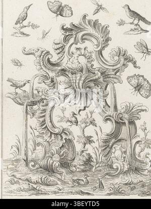 Sconosciuto, Augusta, Engelbrecht, Martin, Baur, Johann, Degmair, Philipp Andreas, i quattro elementi, Rocaille con uccelli acquatici, sconosciuto, verso - stampato, l'elemento acqua. Anatre e altri uccelli acquatici sono nell'acqua che scorre giù dalla rocaille. Cima di uccelli e insetti. In alto a destra 138 numerati., stampa, stampe ornamentali, stampe, altezza 235 mm, larghezza 179 mm, 1711 - 1771, stampatore, 1719 - 1749, carta, incisione, tedesco, 1701 - 1800, disegnatore intermedio, per disegno, pubblicazione (evento), pubblicazione, 1684-09-16 - 1756-01-18, editore, fornitore di privilegi Foto Stock