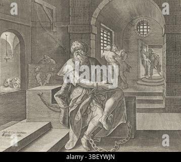 Alkmaar, Schabaelje, Jan Philipsz, Amsterdam, Visscher, Claes Jansz. (II), Vos, Maerten de, Den Grooten Figuer-Bibel, typus Divinae indulgentiae atqz misericordiae, erga eos quibus ex toto corde transgressionum poeni tet et ad dnm deum se convertunt, penitenza e pentimento nell'Antico Testamento e nel nuovo Testamento, Van Hiskia e Manasse, re Manasse in prigione, sotto destra, convertiti in inchiostro marrone di Giuda re di Giuda. Prega Dio e viene interrogato. Sotto la rappresentazione un riferimento in latino al testo della Bibbia in 2 Cron. 33:11. Questa impronta i Foto Stock