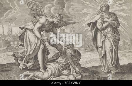 Alkmaar, Schabaelje, Jan Philipsz, Amsterdam, Visscher, Claes Jansz. II) Fox, Maerten de, Den Grooten Figuer-Bibel, Visions of Esdra, Van Esdras e Nehemias, seconda visione di Ezra: Ezra confortata dall'angelo, in basso a destra - scritta a mano con inchiostro marrone, l'angelo Uriel conforta Ezra e lo aiuta ad alzarsi. Accanto alla visione di Ezra della donna radiosa Sion. Mentre scompare, Ezra vede la città in costruzione sullo sfondo. Sotto la rappresentazione un riferimento in latino al testo apocrifo della Bibbia in 4 Ezra 10:25. Questa stampa fa parte di un album., stampa, albumsheet, stampe, 281, altezza 204 mm, larghezza 295 Foto Stock