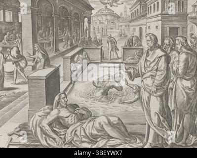 Alkmaar, Schabaelje, Jan Philipsz, Amsterdam, Visscher, Claes Jansz. II), Groeningen, Gerard van, Wierix, Johannes, den Grooten Figuer-Bibel, Miracoli di Cristo, Miracoli di Iermingham e altrove, Cristo guarisce i malati di Betzata (Bethesda), sotto - scritti a mano, Sicchi aspettano alla vasca da bagno di Betzata fino a quando un angelo non arriva a muovere l'acqua. Un uomo malato da trentotto anni e che non ha nessuno che lo porti in acqua giace in primo piano ed è guarito da Cristo. Cristo gli ordina di prendere il suo tappetino e camminare. A sinistra c'è l'uomo con il tappeto sul retro del tempio. Due Foto Stock
