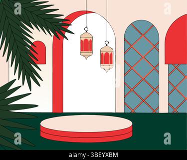 Palcoscenico vuoto a tema islamico con eleganti foglie di palma Illustrazione Vettoriale