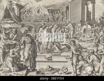 Alkmaar, Schabaelje, Jan Philipsz, Amsterdam, Visscher, Claes Jansz. II), Heemskerck, Maarten van, Galle, Philips, den Grooten Figuer-Bibel, atti degli Apostoli, Acta Apostolorum, Van de Pingster-Daegsche Wercken, gli Apostoli battezzano i nuovi credenti a Gerusalemme, sotto destra - scritti a mano in inchiostro marrone, gli Apostoli battezzano i nuovi credenti a Gerusalemme dopo il sermone di Pietro. Sullo sfondo lo Spirito Santo si riversa su persone che portano e condividono i loro beni. Sotto la rappresentazione un riferimento in latino al testo della Bibbia in mano. 2:41. Questa stampa fa parte di un album., stampa, albumsheet, stampa Foto Stock