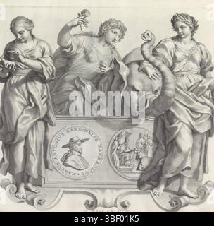 Barbarigo, Giovanni Francesco, Audenaerd, Robert van, Roma, Numismata virorum illustrium ex barbatica gente, Ritratto di Marcantonio Barbarigo e le personificazioni di cortesia, gentilezza e gentilezza, vero - timbrato, pedana sotto forma di cartiglio. Poi un ciondolo con sul davanti il ritratto del Cardinale Marcantonio Barbarigo. Sul retro, il cardinale si inginocchia davanti al Papa ed è nominato. Il piedistallo è circondato da tre personaggi femminili. Ha lasciato la personificazione della cortesia (Humanita). Lei adora un doggy. La donna nel mezzo è la personificazione femminile della gentilezza Foto Stock