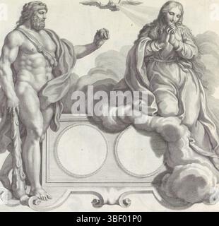 Barbarigo, Giovanni Francesco, Audenaerd, Robert van, Roma, Numismata virorum illustrium ex Barbadica gente, Blanco medaglione e i personaggi di Bravità e Santità, timbrato verso, Pila a forma di cartiglio. Poi due medaglioni vuoti. A sinistra del piedistallo c'è Hercules. Ha il suo club nella mano destra e le mele delle Hesperides nella mano sinistra. Ercole è la personificazione del coraggio. Secondo Ripa, le mele rappresentano le tre virtù araldiche di Ercole. A destra, una donna pia, forse la personificazione della Santità. Ha piegato le mani e.. Foto Stock