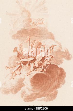 Parigi, Bonnet, Louis Marin, Sallembier, Henri, Premier [Deuxième, Trosième] Cahier de Trophées, Trophée de Musique, Trofeo con strumenti musicali, Parigi, verso - timbrato, Un trofeo su nuvole con raggi, una carrozza trainata da cavalli e strumenti musicali come arpa, tamburi, flauti, corno e liuto. stampa, stampe ornamentali, stampe, verso - timbrato, altezza 269 mm, larghezza 195 mm, macchina di stampa, 1763 - 1793, carta, Crayon Way, Work Conception, francese, 1753 - 1820-10-01, per progettazione, pubblicazione (evento), pubblicazione, 1736 - 1793-10, editore Foto Stock