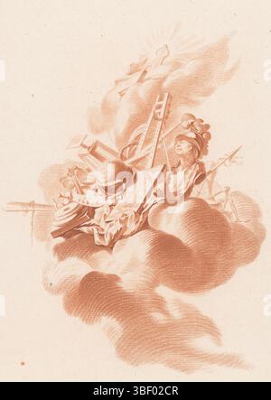 Parigi, Bonnet, Louis Marin, Sallembier, Henri, Premier [Deuxième, Trosième] Cahier de Trophées, Trophée des Arts, Trofeo con attributi appartenenti alle arti, Parigi, verso - timbrato, Un trofeo su nuvole con attributi appartenenti alle arti come l'asino di un pittore, un busto, un globo, uno schizzo, una tavolozza e un seminterrato. stampa, stampe ornamento, stampe, altezza 268 mm, larghezza 195 mm, macchina per la stampa, 1763 - 1793, carta, pastello, Work Conception, francese, 1753 - 1820-10-01, per progetto, pubblicazione (evento), pubblicazione, 1736 - 1793-10, editore Foto Stock