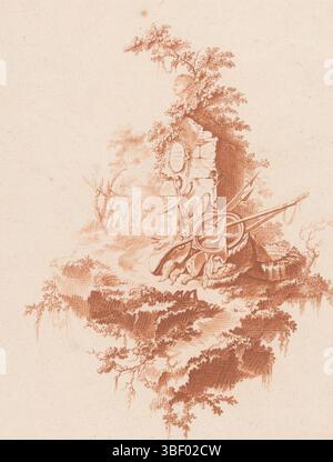 Parigi, Bonnet, Louis Marin, Sallembier, Henri, Premier Cahier de Trophées, Trophée de Chasse, Yacht Trophy, Parigi, verso - timbrato, in un paesaggio contro una rovina un trofeo di caccia con caccia a colpi, pistole, lance e corni di caccia., stampa, stampa ornamento, stampe, stampe ornamentali, altezza 261 mm, larghezza 195 mm, macchina di stampa, 1763 - 1793, carta, Crayon Way, Work Conception, francese, 1753 - 1820-10-01, secondo il progetto, pubblicazione (evento), pubblicazione, 1736 - 1793-10-12, editore Foto Stock