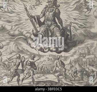 Haarlem, Galle, Philips, Junius, Hadrianus, Heemskerck, Maarten van, Muller, Harmen Jansz, i quattro temperamenti, Cholerici, temperamento Cholerico, Haarlem, Marte, il dio della guerra, siede in cielo con spada e scudo e raffigura il pianeta con lo stesso nome. Sopra di lui ci sono tre segni dello zodiaco: Ariete, Leone e arciere, corrispondenti al fuoco dell'elemento. Tra questi, sulla terra, le persone che hanno un temperamento colerico: I soldati sono in guerra e un fabbro è al lavoro. In fondo al margine un testo in latino sui colerici e sul pianeta corrispondente. Questa stampa fa parte di un album., stampa, alb Foto Stock