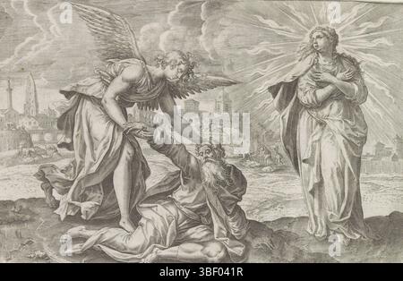 Anversa, Jode, Gerard de, Vos, Maerten de, Thesaurus sacrarum historiaru[m] veteris testame[n]ti, elega[n]tissimis imaginibus expressu[m] excelle[n]tissimoru[m] in hac arte viroru[m] opera: nu[n]c primu[m] in luce[m] editus, Visions of Ezra, seconda visione di Ezra confortata dall'angelo, lo aiutò e lo consolò. Accanto alla visione di Ezra della donna radiosa Sion. Mentre scompare, Ezra vede la città in costruzione sullo sfondo. Sotto la rappresentazione un riferimento in latino al testo apocrifo della Bibbia in 4 Ezra 10. Questa stampa fa parte di un album., stampa Foto Stock