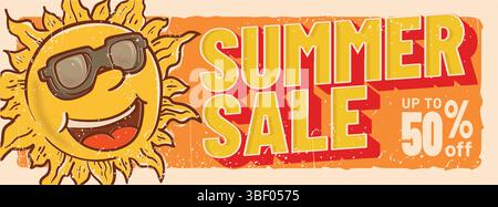 i personaggi dei cartoni animati smile sun indossano occhiali da sole per il banner del concept di vendita estiva. illustrazione vettoriale del modello per banner vintage vintage vintage vintage vintage vintage Illustrazione Vettoriale