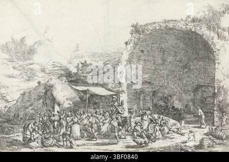 Ossenbeeck, Jan van, Roma, Ossenbeeck, Prospetto e veduto a Cafarelle fuoro di porte S. Sebastiano, a Roma, Festival presso i ruderi della grotta della ninfa Egeria, verso - timbrato, per e nei ruderi della grotta della ninfa Egeria si svolge una festa. Con un panno e un bastone è stato fatto un tetto. Le persone fanno musica, ballano, mangiano e bevono. Sotto la sola volta rimanente ci sono tavoli con sedie disposte., stampa, altezza 227 mm, larghezza 334 mm, North-Nederlands, 1624 - 1674-03-30, stampatore, 1647 - 1655, secondo quarto XVII secolo, terzo quarto XVII secolo, carta, incisione, concetto di lavoro, secondo h Foto Stock