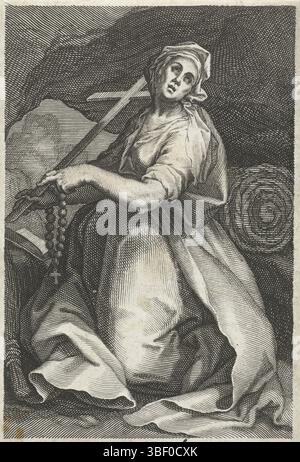 Anversa, Aertssens, Hendrik, Nederlanden, Bolswert, Boëtius Adamsz., Bloemaert, Abraham, Amsterdam, Sacra Eremus Ascetriarum, Kluiseressen, Sancta Syluia, Santa Silvia di Roma come eremo, Anversa, verso in mezzo - timbrato, Santa Silvia di Roma si inginocchia in preghiera con rosario e croce, oggetti che usa come eremo nella sua vita ascetica. Il verso contiene un frammento di testo francese dell'edizione., stampa, illustrazione del libro, stampe, altezza 140 mm, larghezza 90 mm, Zuid-Nederlands, 1580 - 1633-03-25, stampatore, 1590 - 1612, quarto quarto xvi secolo, primo quarto xvii secolo, carta, engravi Foto Stock