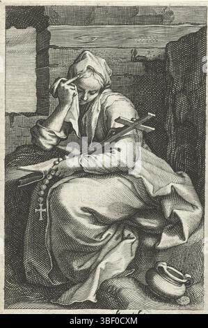 Anversa, Aertssens, Hendrik, Nederlanden, Bolswert, Boëtius Adamsz., Bloemaert, Abraham, Amsterdam, Sacra Eremus Ascetriarum, Ermitesse, Sancta Thais, San Thais di Alessandria come eremita, Anversa, verso al centro - timbrato, San Thais di Alessandria come eremita è in cella eremita con crocifisso, Bibbia e Rosario. Il verso contiene un frammento di testo francese dell'edizione., stampa, illustrazione del libro, stampe, altezza 143 mm, larghezza 92 mm, Zuid-Nederlands, 1580 - 1633-03-25, stampatore, 1590 - 1612, quarto quarto xvi secolo, primo quarto xvii secolo, carta, incisione, incisione (stampa p Foto Stock