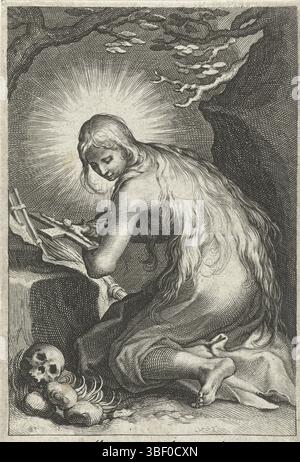 Anversa, Aertssens, Hendrik, Nederlanden, Bolswert, Boëtius Adamsz., Bloemaert, Abraham, Amsterdam, Sacra Eremus Ascetriarum, Kluiseressen, Santa Maria d'Egitto come ermitager, Anversa, verso middle under - timbrato, stampato, illustrazione del libro, stampe, altezza 144 mm, larghezza 93 mm, olandese meridionale, 1580 - 1633-03-25, macchina per stampa, 1590 - 1612, quarto quarto XVI secolo XVI secolo, primo quarto XVII secolo, carta, incisione, processo di stampa), concezione del lavoro, Noord-Nederlands, 1566-12-25 - 1651-27, dopo la progettazione, pubblicazione (evento), pubblicazione, Zuid-Nederlands, 1580 - 1633-25, editore, publicat Foto Stock