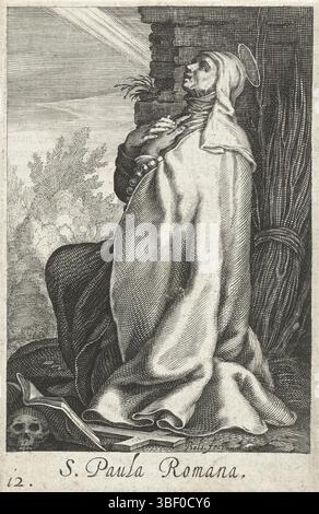 Anversa, Aertssens, Hendrik, Nederlanden, Bolswert, Boëtius Adamsz., Bloemaert, Abraham, Amsterdam, Sacra Eremus Ascetriarum, Kluiseressen, S. Paula Romana, Santa Paola di Roma come eremita, Anversa, verso in mezzo - timbrato, Santa Paola di Roma come eremita si inginocchia nella preghiera. Il verso contiene un estratto di un testo francese dell'edizione., stampa, illustrazione del libro, stampe, altezza 139 mm, larghezza 90 mm, Zuid-Nederlands, 1580 - 1633-03-25, stampatore, 1590 - 1612, quarto quarto XVI secolo, primo quarto XVII secolo, carta, incisione, incisione (processo di stampa), concezione del lavoro, Noord-Neder Foto Stock