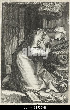 Anversa, Aertssens, Hendrik, Nederlanden, Bolswert, Boëtius Adamsz., Bloemaert, Abraham, Amsterdam, Sacra Eremus Ascetriarum, Kluiseressen, Sancta Olympias, Heilige Olympias van Constantinople als kluiseres, Anversa, verso destra sotto - timbrato, stampa, altezza 145 mm, larghezza 91 mm, Zuid-Nederlands, 1580 - 1633-03-25, stamperia, 1590 - 1612, quarto trimestre XVI secolo, quarto quarto quarto XVII secolo, primo quarto XVII secolo, carta, incisione, incisione (processo di stampa), concezione del lavoro, paesi Bassi settentrionali, 1566-12-25 - 1651-27, dopo la progettazione, pubblicazione (evento), pubblicazione, sud- Foto Stock