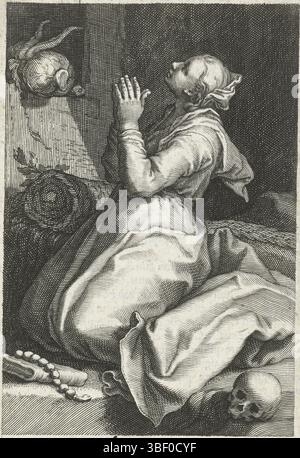 Anversa, Aertssens, Hendrik, Nederlanden, Bolswert, Boëtius Adamsz., Bloemaert, Abraham, Amsterdam, Sacra Eremus Ascetriarum, Kluiseressen, S. Melania Junior, Heilige Melania de Jongere als kluiseres, Anversa, verso destra sotto - timbrato, stampa, illustrazione del libro, stampe, altezza 143 mm, larghezza 92 mm, Zuid-Nederlands, 1580 - 1633-03-25, stampatore, 1590 - 1612, quarto quarto XVI secolo, primo quarto XVII secolo, carta, incisione, processo di stampa), concezione del lavoro, Noord-Nederlands, 1566-12-25 - 1651-27, dopo la progettazione, pubblicazione (evento), pubblicazione, 1580 - 163. Foto Stock