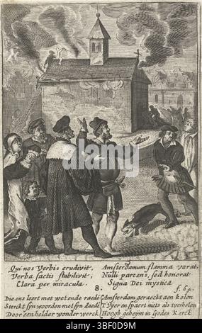 Anversa, Aertssens, Hendrik, Cornelisz. Van Oostsanen, Jacob, Nederlanden, Bolswert, Boëtius Adamsz. Mirakel van Amsterdam 1345, la chiesa dove viene tenuto l'ospite brucia ma l'ospite viene risparmiato, Anversa, Cornelisz van Oostsanen, la chiesa dove l'ospite viene tenuto brucia ma l'ospite viene risparmiato. I cittadini di Amsterdam guardano disperatamente l'edificio della chiesa in fiamme, mentre i vigili del fuoco fanno tutto il possibile per spegnere l'incendio. Le prestazioni includono versi in latino e olandese. Stampa, illustrazione di libri, stampe, altezza 131 mm, larghezza 81 mm, Zuid-Nederlands, 1580 - 1633-03-25, stampatore, 1590 - 163 Foto Stock