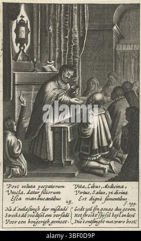 Anversa, Aertssens, Hendrik, Cornelisz. Van Oostsanen, Jacob, Nederlanden, Bolswert, Boëtius Adamsz. Mirakel van Amsterdam 1345, sacerdote guida la comunione e distribuisce ospitalità, Anversa, Cornelisz van Oostsanen, sacerdote guida la comunione e distribuisce ospitalità ai fedeli che si inginocchiano davanti all'altare con i mostruosi con l'ospite che compie miracoli. I versi in latino e olandese si riferiscono alla grazia di Dio che appartiene ai fedeli., stampa, illustrazione del libro, stampe, altezza 133 mm, larghezza 83 mm, olandese meridionale, 1580 - 1633-03-25, macchina per stampa, 1590 - 1633, carta, incisione Foto Stock