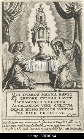 Anversa, Aertssens, Hendrik, Cornelisz. Van Oostsanen, Jacob, Nederlanden, Bolswert, Boëtius Adamsz. miracolo di Amsterdam 1345, due angeli con i mostruzzi con il sacramento, Anversa, Cornelisz van Oostsanen, due angeli portano i mostruzzi con il santo Sacramento. Le prestazioni includono versi in latino e olandese. Stampa, illustrazione di libri, stampe, altezza 131 mm, larghezza 84 mm, Zuid-Nederlands, 1580 - 1633-03-25, stampatore, 1590 - 1633, carta, incisione, incisione (processo di stampa), ideazione del lavoro, Noord-Nederlands, 1475 - 1533, secondo il progetto di, pubblicazione (evento), Publicat Foto Stock