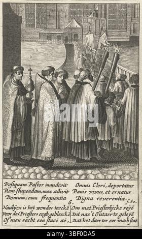 Anversa, Aertssens, Hendrik, Cornelisz. Van Oostsanen, Jacob, Nederlanden, Bolswert, Boëtius Adamsz. Mirakel van Amsterdam 1345, Hostie è portato in processione alla chiesa di Anversa, Cornelisz van Oostsanen, Hostie è portato in processione da sacerdote nella chiesa (Oude Kerk) di Amsterdam in modo che il miracolo lì può essere adorato all'altare, così il versetto latino e olandese sotto la rappresentazione., stampa, illustrazione del libro, stampe, altezza 135 mm, larghezza 84 mm, olandese meridionale, 1580 - 1633-03-25, macchina per stampa, 1590 - 1633, carta, incisione, incisione (processo di stampa), concezione del lavoro, Northern Neth Foto Stock