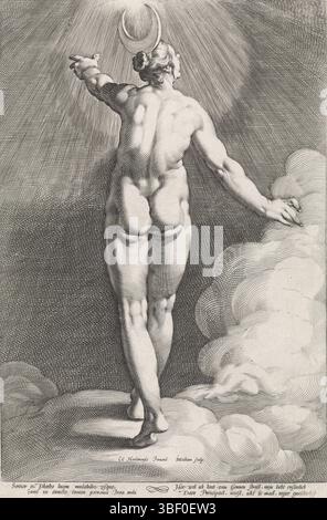 Cornelisz. Di Haarlem, Cornelis, Haarlem, Matham, Jacob, Diana e Apollo nei panni di Luna ed Helios, Diana nei panni di Luna, verso in basso a sinistra - timbrata, Diana vista sul retro, rappresentata come la dea luna Luna con la luna malata sulla testa. Pendente Apollo als de sungod Helios (Sol)., stampa, altezza 339 mm, larghezza 225 mm, Noord-Nederlands, 1571-10-15 - 1631-01-20, stampatore, 1589 - 1593, carta, incisione, incisione (processo di stampa), concetto di lavoro, 1562 - 1638-11-11 Foto Stock