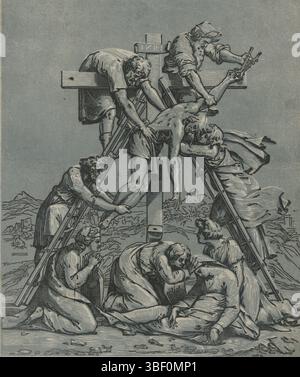 Italia, Raffaello, Italia, Carpi, Ugo da, decollo trasversale, timbrato verso, il corpo di Cristo viene rimosso dalla croce. In fondo alla croce, Maria svenne. Sullo sfondo un paesaggio., stampa, altezza 337 mm, larghezza 282 mm, italiano, incisore, 1518 - 1518, terzo quarto XV secolo, quarto XV secolo, primo quarto XVI secolo, secondo quarto XVI secolo, carta, clair-obscur-Woodcut, concezione del lavoro, 1483-04-07 - 1520-04-07 Foto Stock