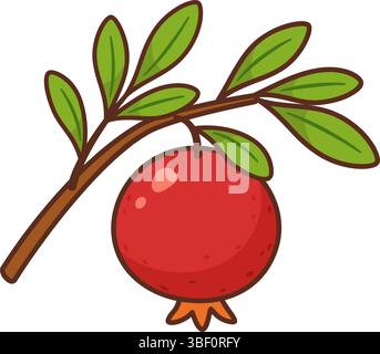 Melograno maturo appeso a un ramo con foglie verdi fresche. Modello piatto disegnato a mano. Per imballaggi alimentari, alimenti sani, libri di ricette, blog nutrizionali, etichette di prodotti, menu, design di stagione. Vettore Illustrazione Vettoriale
