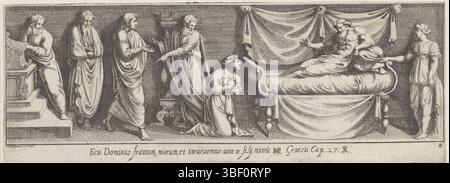 Città del Vaticano, Raffaello, città del Vaticano, Perino del vaga, Italia, Bartoli, Pietro Sante, Lost Paintings in Vatican Loggia, Esto Dominus fratrum niorum, et incuruentur ante te filii matris tuae, Giacobbe è benedetto da Isaak, verso - timbrato, Isaak giace a letto e benedice Giacobbe, che sta alla fine dei suoi piedi. Rebekka è sulla destra. A sinistra ci sono quattro uomini in abiti. Titolo e riferimento al testo biblico in basso, stampa, altezza 85 mm, larghezza 233 mm, italiano, 1615 - 1700-11-07, macchina per stampa, 1645 - 1700, carta, incisione, incisione, incisione (processo di stampa), 1501 - 1547-10-19, dopo la verniciatura, lavoro Foto Stock