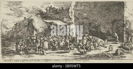 Ossenbeeck, Jan van, Roma, Ossenbeeck, Prospetto e veduto a Cafarelle fuoro di porte S. Sebastiano, a Roma, Festival ai ruderi della grotta della ninfa Egeria, verso - scrittura, prima e nei ruderi della grotta della ninfa Egeria si svolge una festa. Con un panno e un bastone è stato fatto un tetto. Le persone fanno musica, ballano, mangiano e bevono. Sotto la sola volta rimanente ci sono tavoli con sedie disposte., stampa, stampato verso -, altezza 150 mm, larghezza 335 mm, Noord-Nederlands, 1624 - 1674-03-30, stampatore, 1647 - 1655, carta, incisione, ideazione del lavoro, secondo il suo progetto Foto Stock