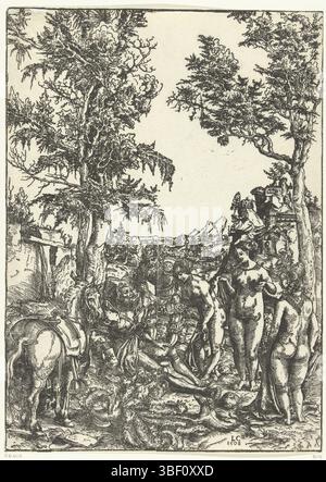 Germania, Cranach, Lucas (i), sentenza di Parigi, Germania, verso in basso a sinistra - timbrato, mercurio risveglia la Parigi addormentata in modo che possa decidere quale delle tre dee Giunone, Minerva o Venere è la più bella. Le donne qui non sono distinguibili per attributi., stampa, altezza 370 mm, larghezza 265 mm, tedesco, 1472 - 1553-10-16, stampatore, 1508 - 1508, primo quarto del xvi secolo, carta, incisione su legno Foto Stock