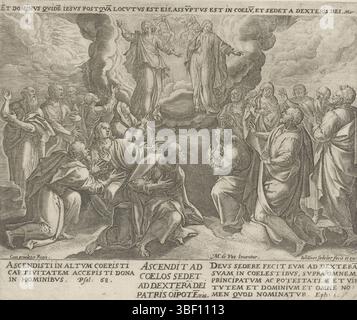 Filippo II (re di Spagna), Sadeler, Giovanni (i), Vos, Maerten de, Colonia, confessione apostolica della fede, Ascendit ad coelos sedet ad dexterā dei patris oīpotētis, Ascensione di Cristo: "chi è salito in cielo, siede sulla destra di Dio, il padre onnipotente," versetto a sinistra sotto - timbrato, sesto articolo di fede: fede nell'ascensione di Cristo. La stampa mostra due angeli nelle nuvole che mostrano una visione della Santa Trinità da parte degli apostoli di Cristo e della Vergine Maria. La stampa ha un'iscrizione latina con una citazione biblica che si riferisce alla storia biblica raffigurata e una didascalia latina sulla A. Foto Stock
