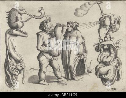 Parigi, Firens, Pierre, Bolten, Arent van, figure grottesche circondate da una cornice, mostro donna e maschio con caraffa e tazza, Parigi, al centro si trovano una donna e un mostro maschile con una caraffa e una tazza. Da entrambi i lati ci sono mostri sulle maschere. N. 1 di serie di 7 fogli, stampa, stampe ornamentali, stampe, altezza 145 mm, larghezza 200 mm, stampatore, 1604 - 1616, primo trimestre XVII secolo, carta, incisione, incisione (processo di stampa), concetto di lavoro, Noord-Nederlands, 1573 - 1633, dopo la progettazione, pubblicazione (evento), pubblicazione, Zuid-Nederlands, Frans, 1580 - 1638-12-24, editore Foto Stock