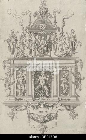 Haarlem, vigneti, ownerijkerkamer De, Haarlem, Heemskerck, Maarten van, Coornhert, Dirck Volckertsz., Blazoen van de Haarlem ownerijkerkamer De Wijngaertrancken, verso sinistra sotto - timbrato, Blazoen van de Haarlem ownerijkerkamer De Wijngaertrancken. Costruzione a due piani. All'ultimo piano centrale la personificazione di Retorica, seduta su un trono. Su entrambi i lati le personificazioni fede (sinistra) e speranza (destra). Accanto a loro gli stemmi di Haarlem e Holland. Sopra di lei su un baldacchino la personificazione dell'amore. Al piano inferiore si trovano le personificazioni di saggezza e modernità. Foto Stock